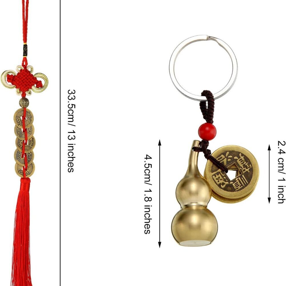 2 Pieces Chinese Coins Feng Shui and Brass Wu Lou Health Amulet Gourd Keychain C - Picture 3 of 7